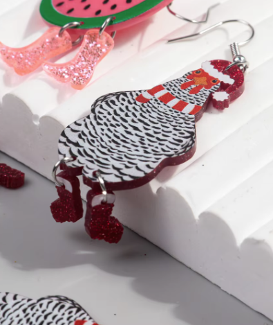 Festive White & Black Speckled Chicken Earrings - Festive Season 2025