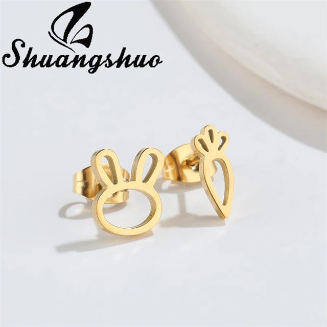 Rabbit & Carrot Outline Stud Earrings