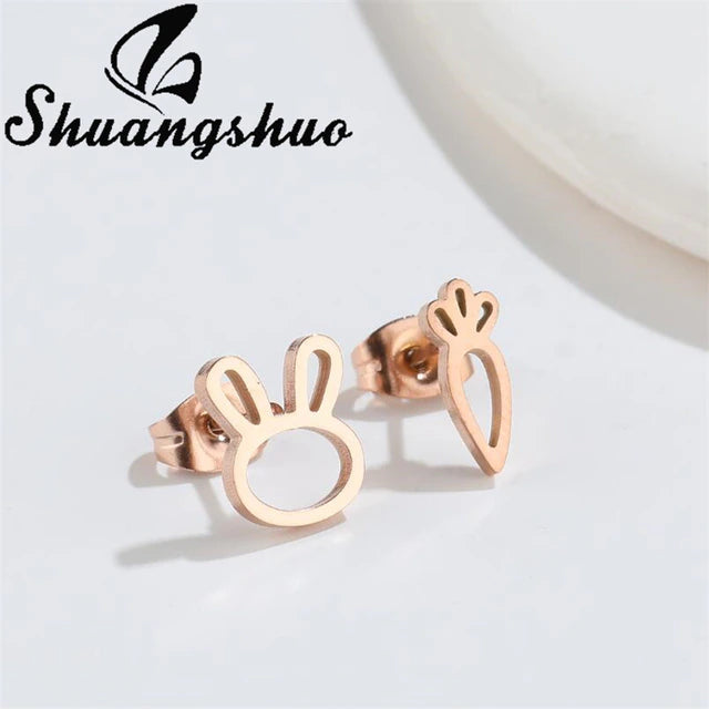 Rabbit & Carrot Outline Stud Earrings