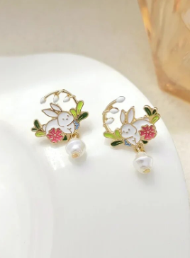 Rabbit with Blossom Stud Earrings