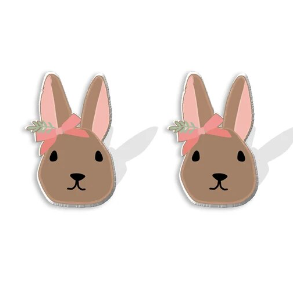 Brown Rabbit With Bow Stud Earrings