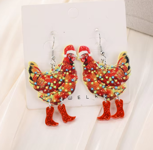 Festive Chicken In Boots Earrings - Festive Season 2024