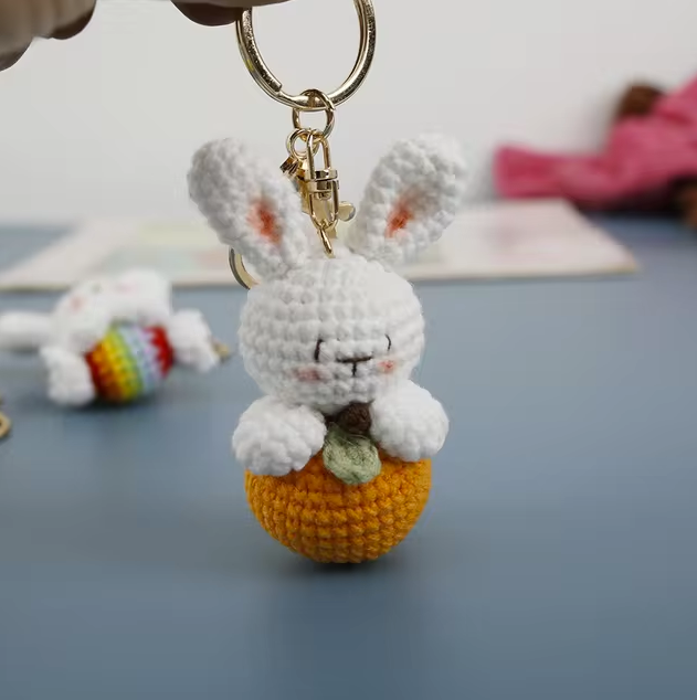 Crochet Bunny Keyring - Bunny Holding Orange