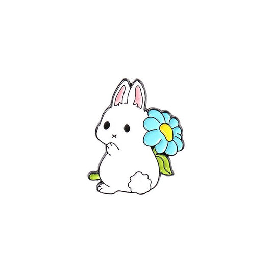 White Bunny Enamel Pin - Blue Daisy