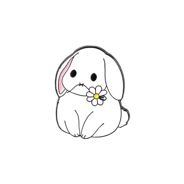 White Bunny Enamel Pin - White Daisy
