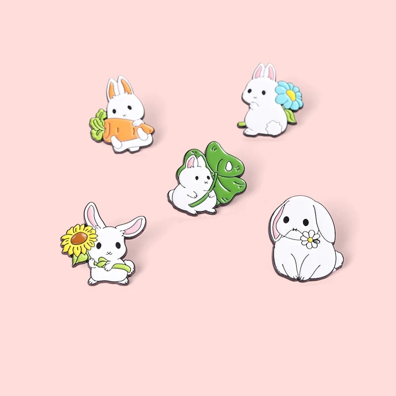 White Bunny Enamel Pin - White Daisy